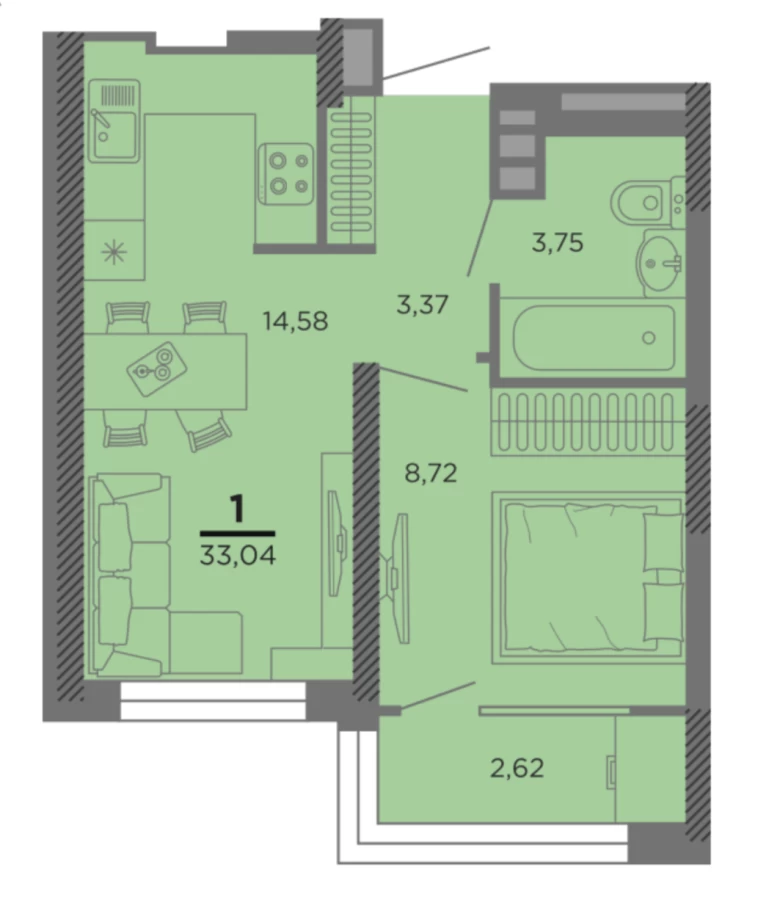 Однокомнатная квартира в Рязани площадью 31.73м2